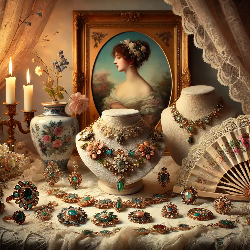 Zdobené šperky a portét dámy s květinovým věnkem, vintage dekorace, plátno s liliemi, svíčky, hedvábná krajka, ruční práce, elegantní šperky na výstavě nebo výprodeji, luxusní detail, retro atmosféra, Bead Culture.