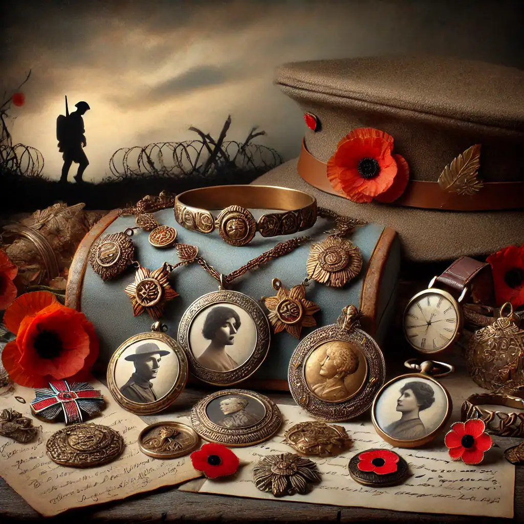 Válečné medaile, portréty vojáků a vzpomínkové šperky, doplněné máky a vojenskou čepicí, v dramatickém prostředí se siluetou vojáka v pozadí.