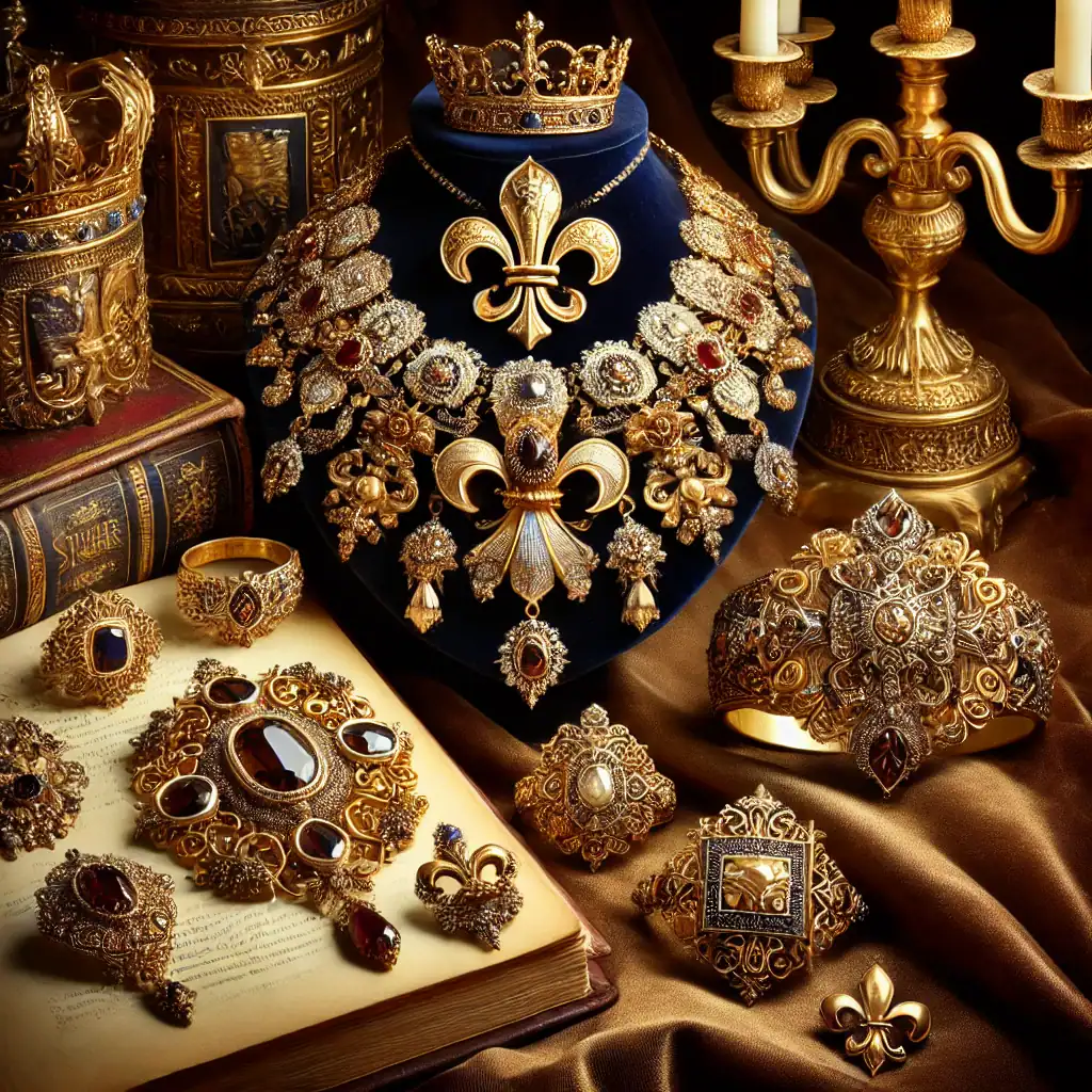 Luxusní zlaté a stříbrné šperky a bižuterie s drahokamy na magickém starověkém motivu, ideální pro sběratele a milovníky exkluzivních šperků, zobrazené na bohatě zdobeném pozadí.