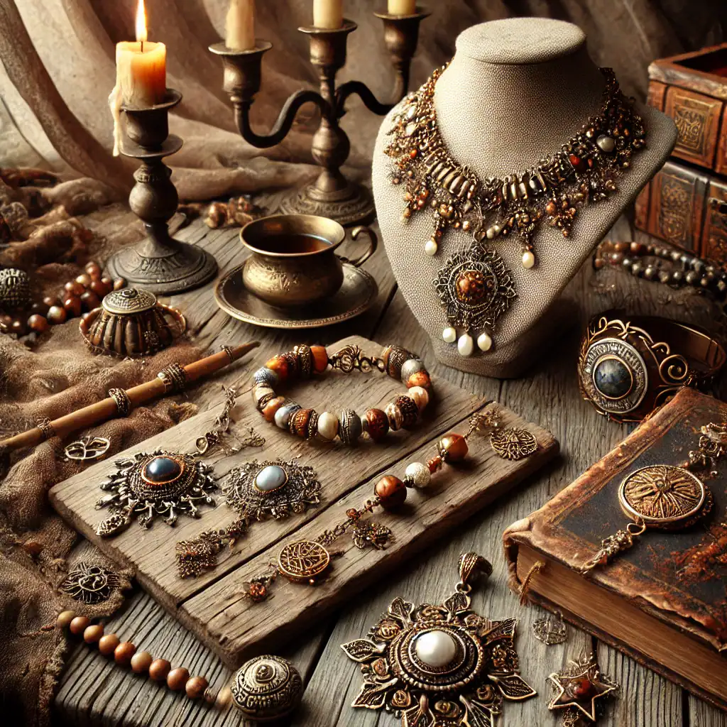 Starobní klenoty a náhrdelníky s perlami na starém dřevěném stole, doplněné historickým pergamenem, svíčkami a starožitnými kovovými předměty, vytvářejí atmosféru starověké bižuterie a etnického šperku.