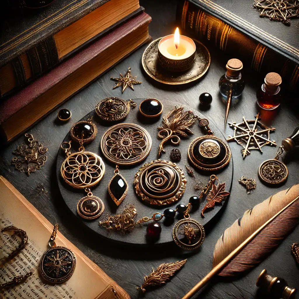 Středověké šperky a drahokamy z vintage kolekce v ohni svíce na dřevěném stole.