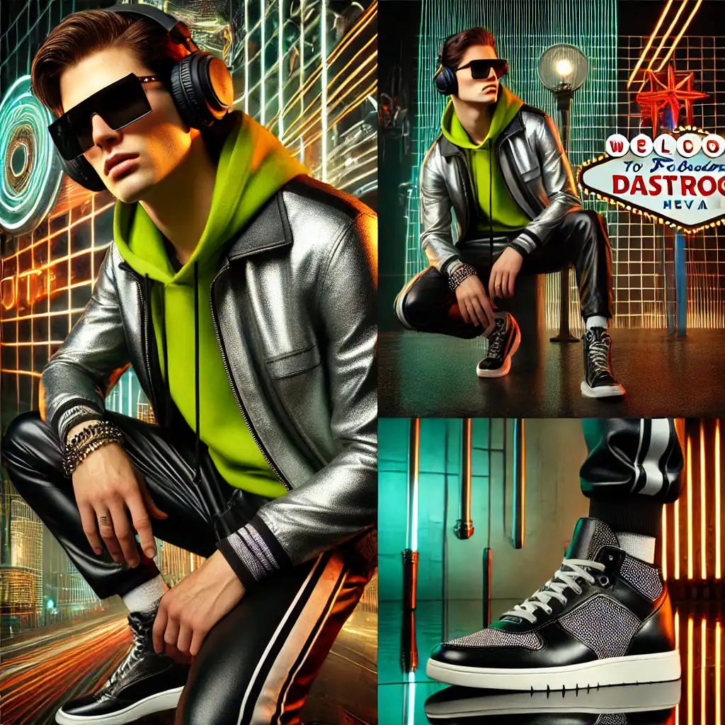 Metropolitan stylové dámské trendy boty a oděvy pro mladé, moderní a svůdné nošení výstižná fotografie s neonovým osvětlením a futuristickým prostředím, ideální pro módní butik nebo e-shop.