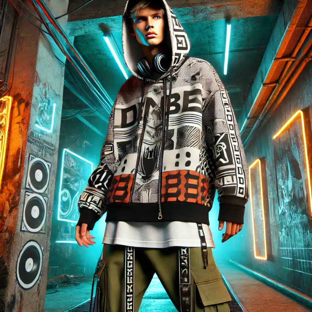 Barevná moderní mikina s neonovým osvětlením a graffiti designem, vhodná pro streetwear a urban fashion, doplněná sportovními kalhotami s detaily.