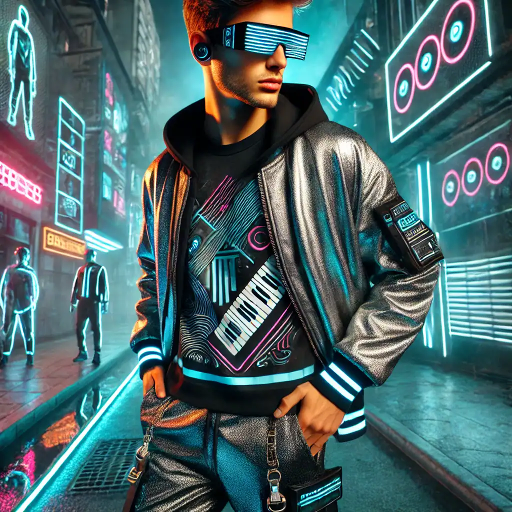 Bead culture, neonové město, futuristický fashion, digitální styl, moderní kabelky a oblečení, noční městská scéna, high-tech doplňky, neonové osvětlení, mladistvý streetwear, trendy módní doplňky, bluetooth sluchátka, 3D vizuální styl.