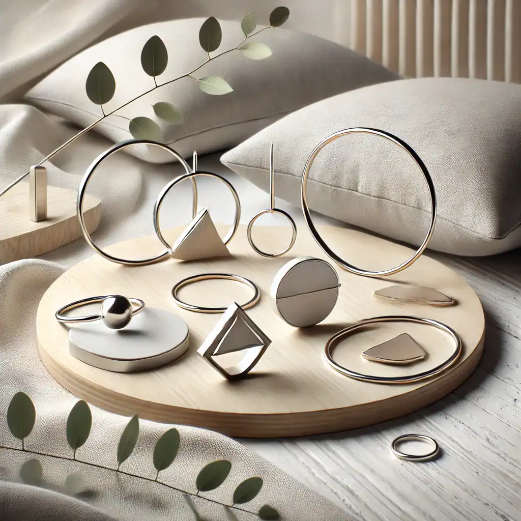 Elegantní šperky z kovu na kulatické podložce, minimalistický design, stylish doplňky, moderní dámské náramky a prstýnky, trendy bižuterie, skvělý doplněk pro každý outfit.