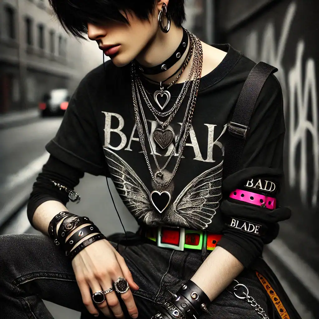 Bead-culture, módní šperky a doplňky, punkový styl, náušnice, řetízky, náramky, prsteny, alternativní móda, streetwear, ženský styl, trendy doplňky, rockový vzhled, moderní šperky, neonové prvky, stylový mladistvý vzhled.