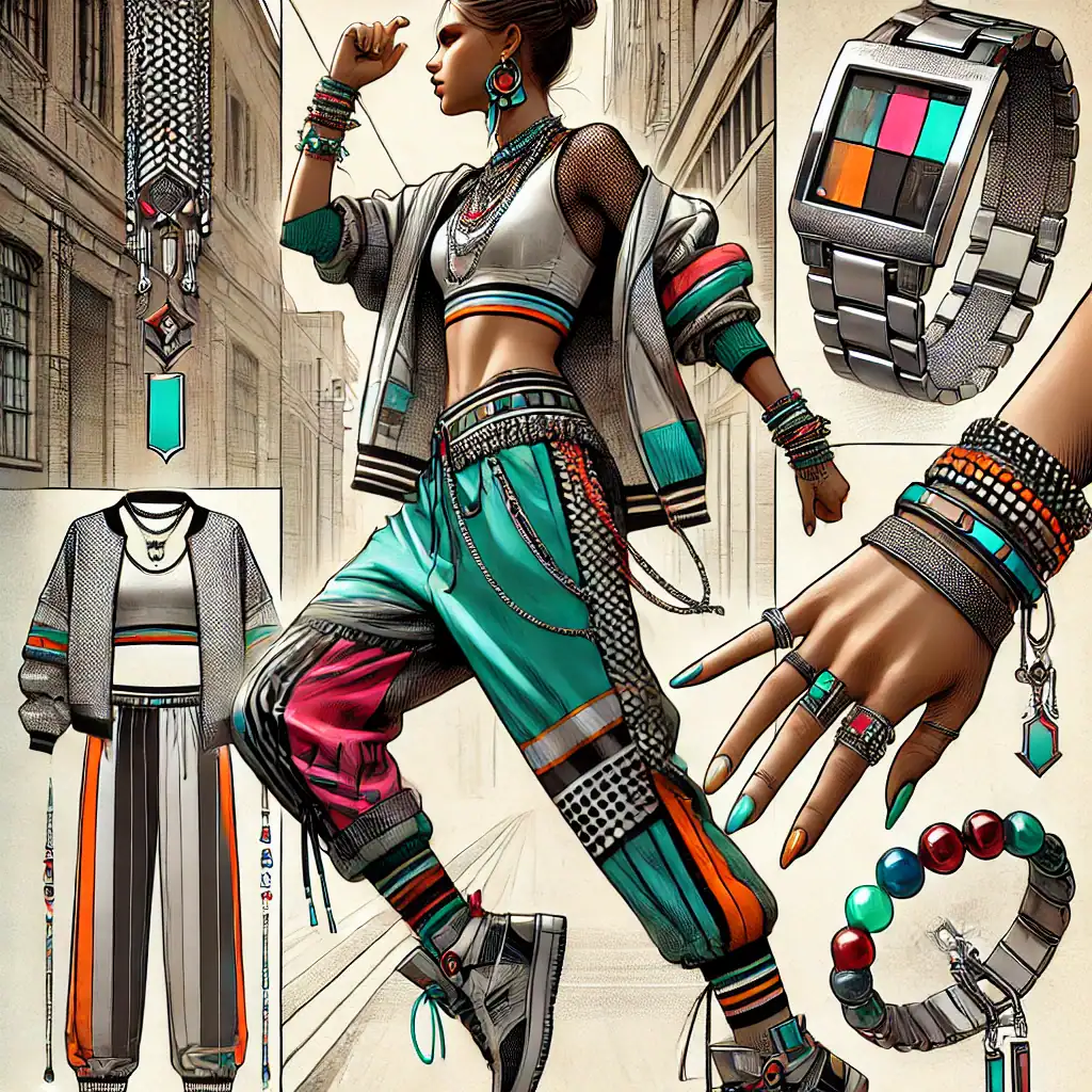 Bead culture, módní doplňky a šperky, módní hodinky s barevným displejem, originální oblečení s výraznými vzory, stylové náramky a prsteny, moderní street style, barevné korálkové náramky, trendy módní šperky, výrazný doplněk na zápěstí, módní kousky s etnickým nádechem.