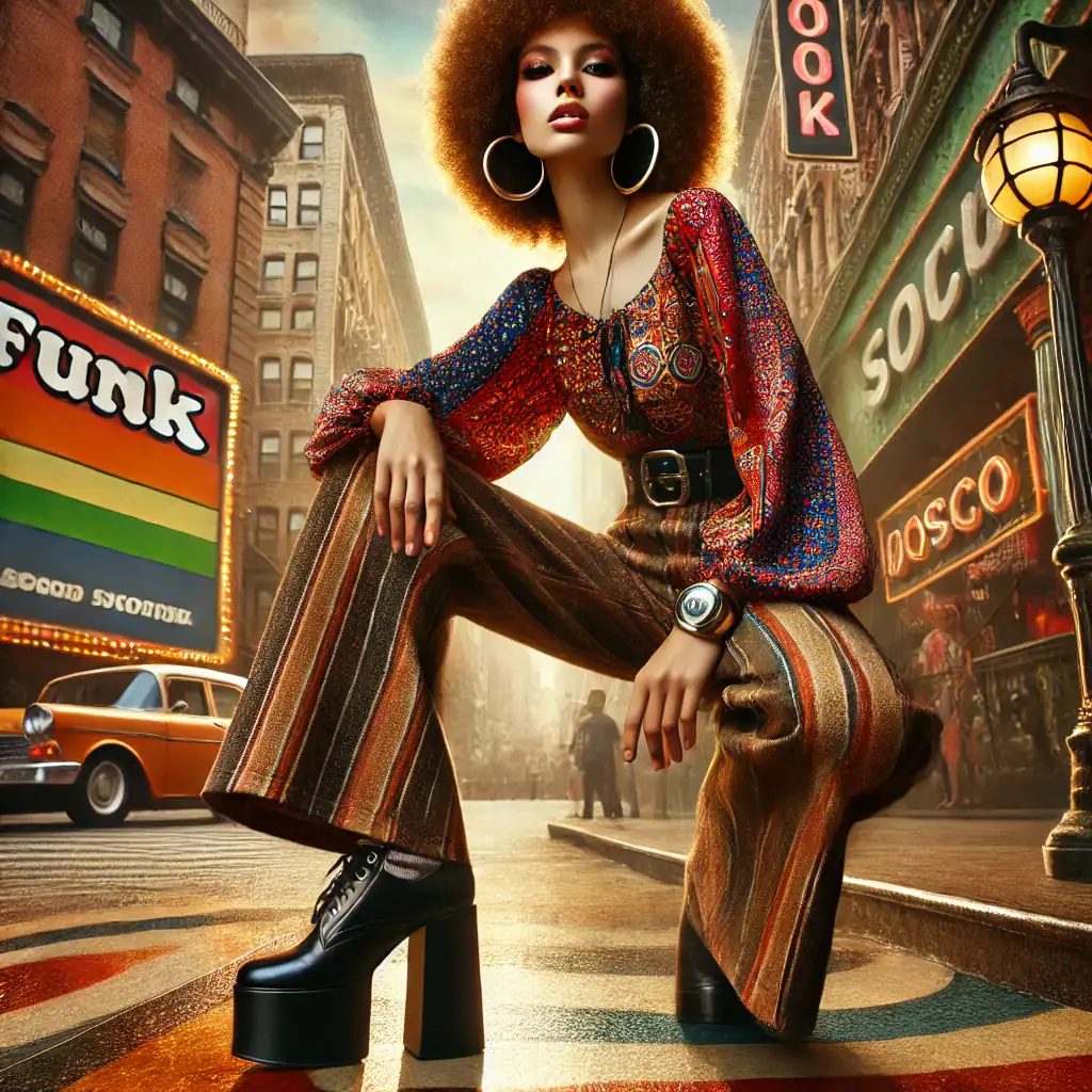 Barevná žena v módním boho stylu, stojící na městské ulici s neonovými nápisy, představující moderní street fashion a umělecký vzhled.