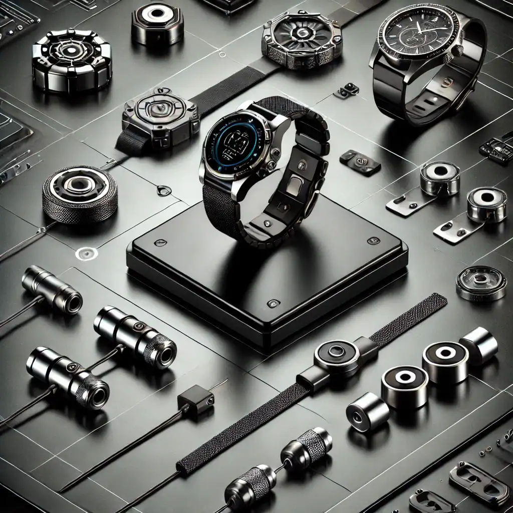 Ocelové hodinky a sportovní náramky s moderním designem na tmavém povrchu, doplněné o různé technologie a příslušenství, pevně umístěné na černé podložce - luxusní a stylové kolekce.