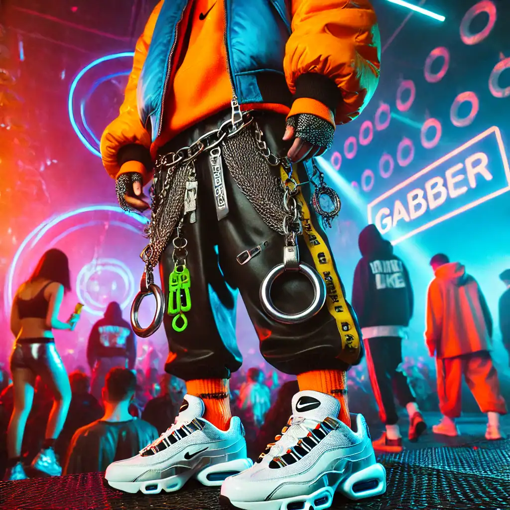 Moderní streetwear s řadou kovových doplňků na módní sportovní obuvi v neonovém prostředí tanečního večírku, trendy oblečení a accessories pro mladé milovníky street kultury.