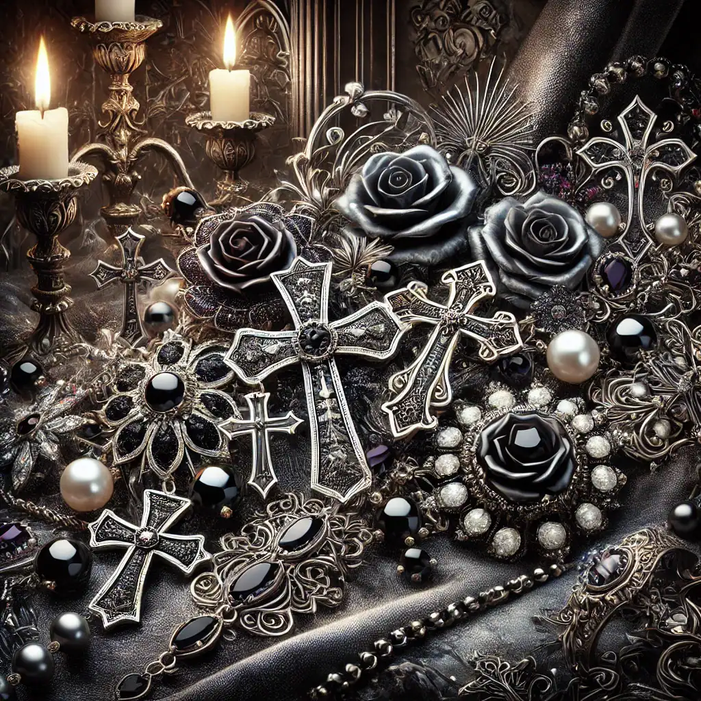 Prstýnky, náhrdelníky a šperky z černých a stříbrných korálků s květinovými motivy a kříži na tmavém pozadí, perfektní pro milovníky elegantních a gothic šperků.