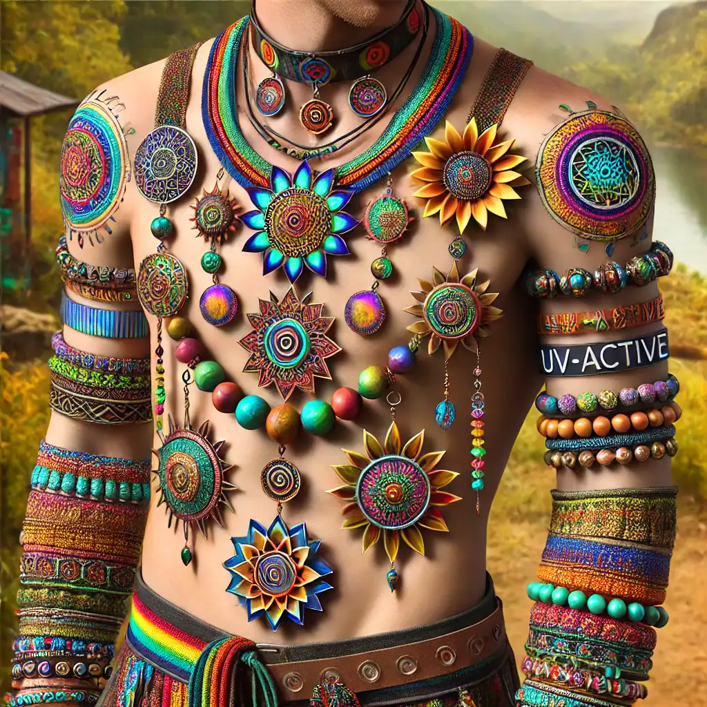 Barevný etnický šperk a korálky na muži, náhrdelníky a náramky ve folklórním stylu, s přírodním pozadím.