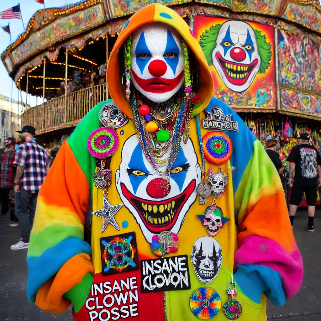 Barevný klaun na karnevalu s pestrým oblečením a výraznou maskou, plakát a doplňky s clown tématem, ideální pro akční a kreativní festivaly, umění a karnevalové akce.