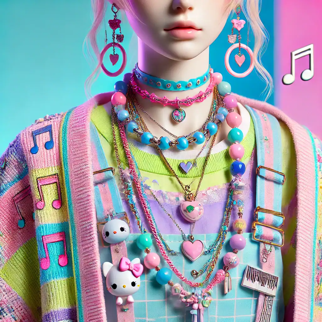 Barevné korálky a trendy šperky s motivy srdce a zvířátek na mladistvém a hravém outfitu s výraznými barvami a doplňky.