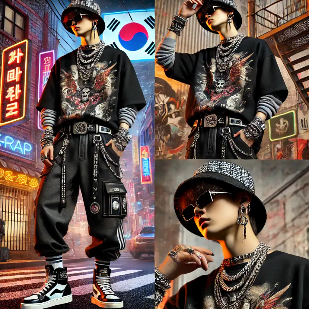 Vizuál moderního streetwear s důrazem na výrazné šperky a stylové doplňky, ideální pro milovníky módního a originálního designu.