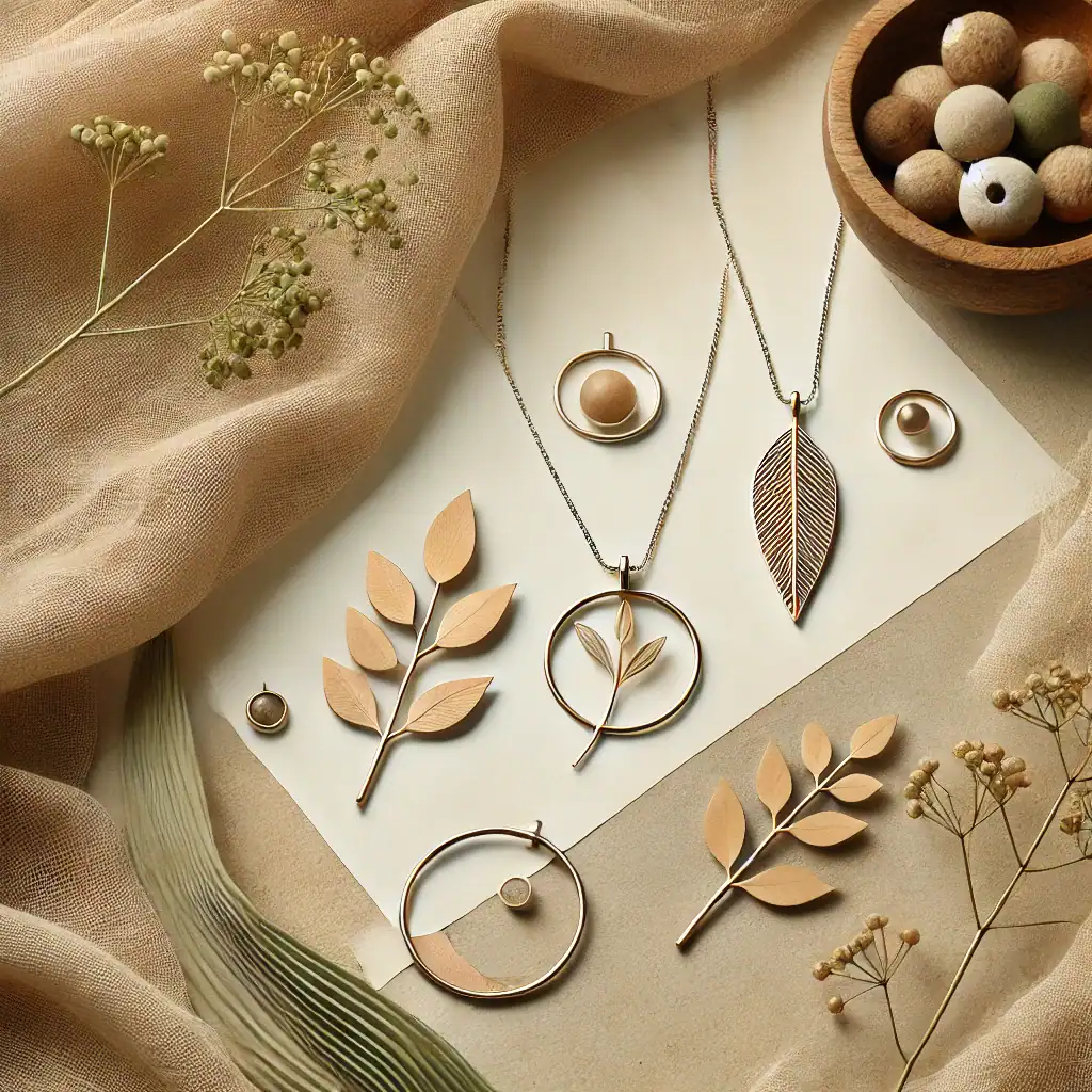 Zlaté šperky s listovými motivy na přírodní béžové a krémové tapetě, doplněné dřevěnými dekoracemi a přírodními prvky, ideální pro milovníky originálního bytového a módního stylu.