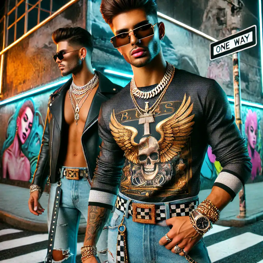 Luxusní pánský streetwear outfit s efektními šperky a metalickými detaily, módní doplňky od značky Bead Culture, street art pozadí, módní vzhled, mužská móda, trendy vlna 2023.