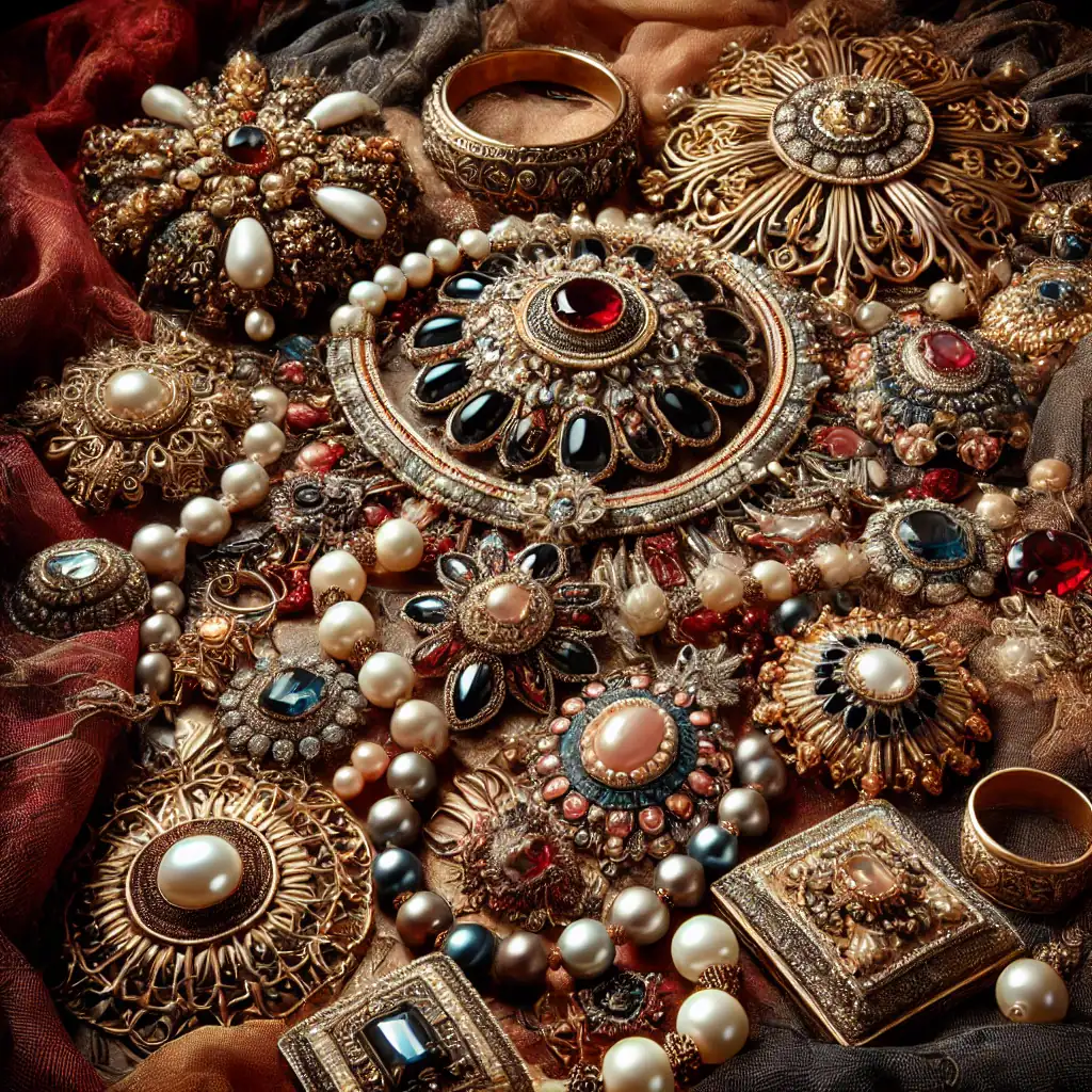 Zlato-stříbrné šperky s perlami a drahými kameny, originální vintage šperky kolekce, luxusní náhrdelníky a brože, elegance a romantika vintage designu.