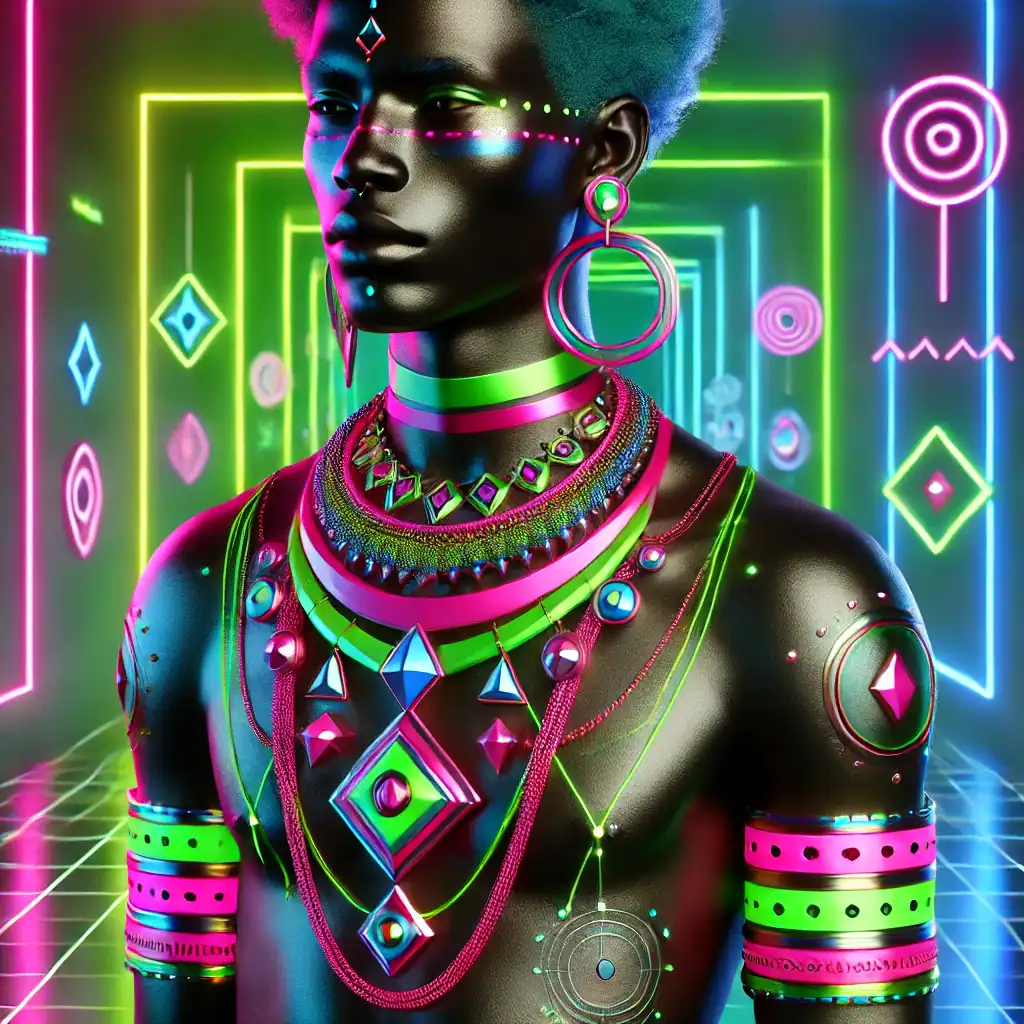 Barevný neonový šperk s etnickým designem, moderní africké korále a náhrdelníky, extravagantní šperky s neonovým osvětlením, módní doplňky pro festivalové nebo umělecké vystupování.