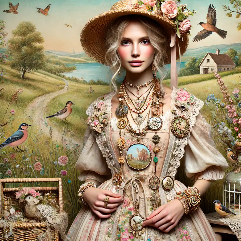 Detalle krásné ženy v vintage módě s bohatým šperkovým doplňkem a květinovým kloboukem v malebném venkovském prostředí s ptáky a květinami.