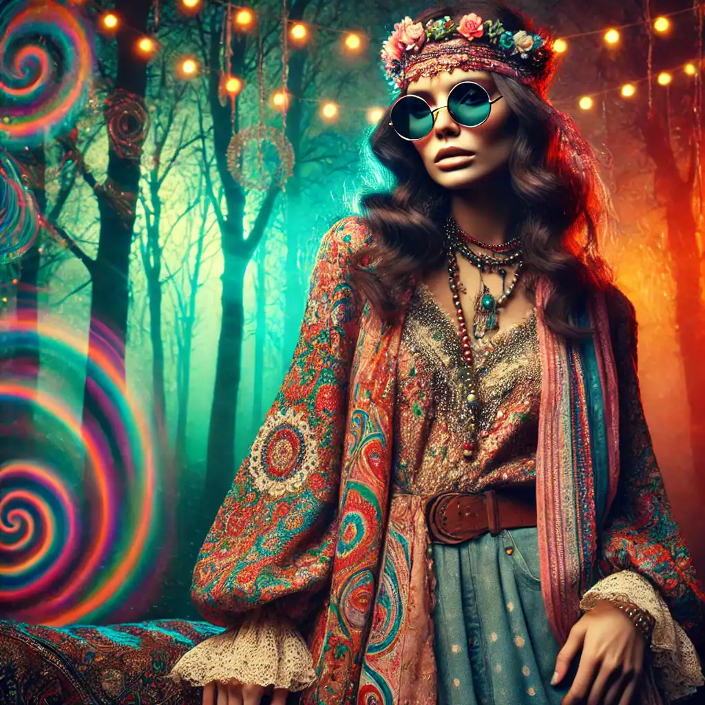 Barevné náhrdelníky a šperky, boho styl, žena s kloboukem s květinami, vintage oblečení, boho módní doplňky, přírodní a umělé korálky, originální šperky, umělecké fotografie, hippie styl, kreativní módní doplňky, móda s korálky a kameny, beaded jewelry, boho fashion, letní festivalový look.