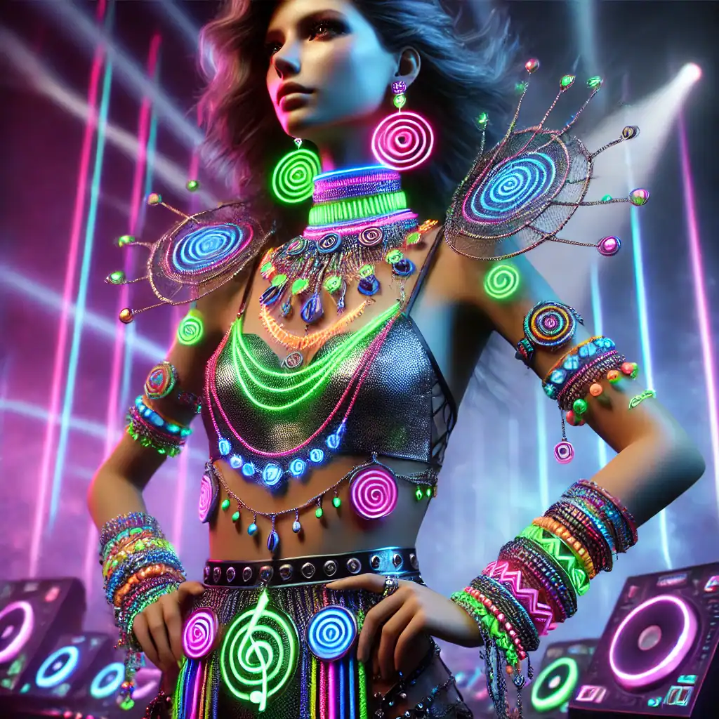 Barevná neonová bižuterie a osvětlené dekorace na fotografii, ideální pro kreativní šperky a módní doplňky, zvýrazňující umělecký design a originální styl.