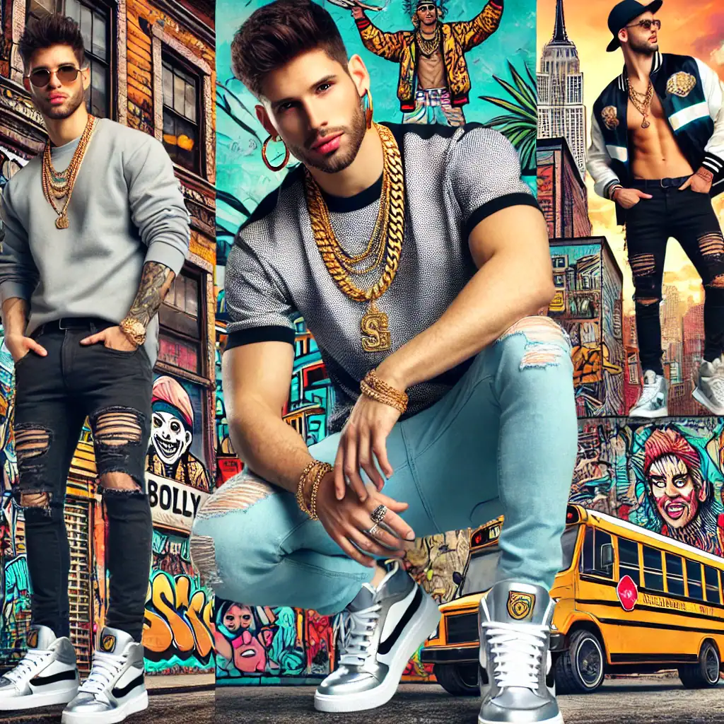 Styloví mladí muži s modními doplňky a šperky, street fashion s graffiti pozadím, Urban street style, trendy oblečení a doplňky, městská móda, Bead Culture.