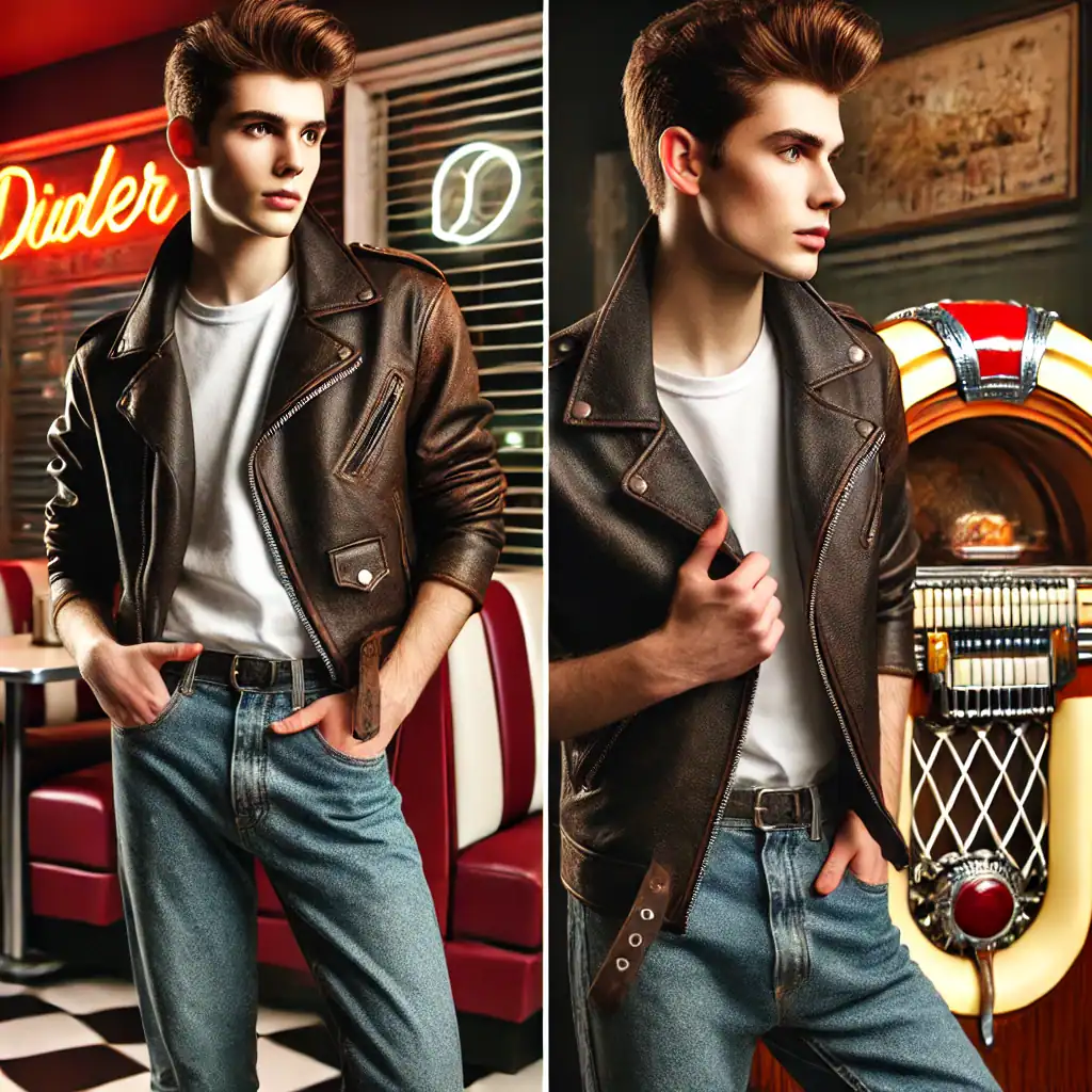 Stylový mladý muž v kožené bundě a džínech, retro atmosféra s jukeboxem, módní a elegantní vzhled, ideální pro módní styling a vintage stylování, Bead Culture kolekce.