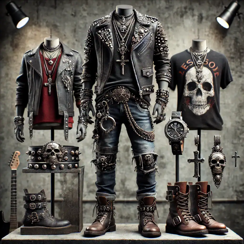 Biker stylové oblečení a doplňky s kovovými prvky a lebkami, dokonalé pro milovníky punk rockového nebo metalového vzhledu.