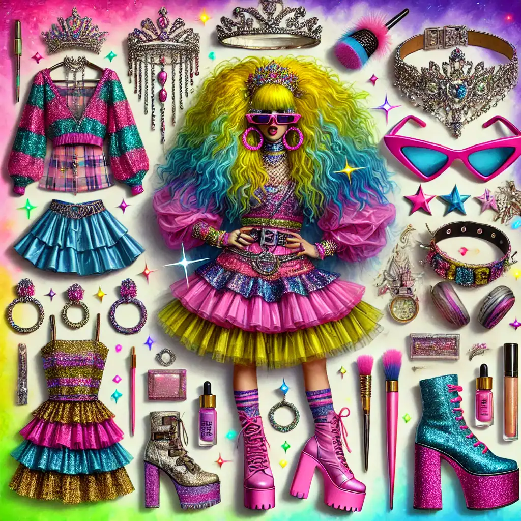 Barevná a extravagantní móda ve stylu Scene Queen, zahrnující třpytivé outfity, platformové boty, tiáry a výrazné doplňky. Uprostřed postava ve vrstveném outfitu plném neonových barev.
