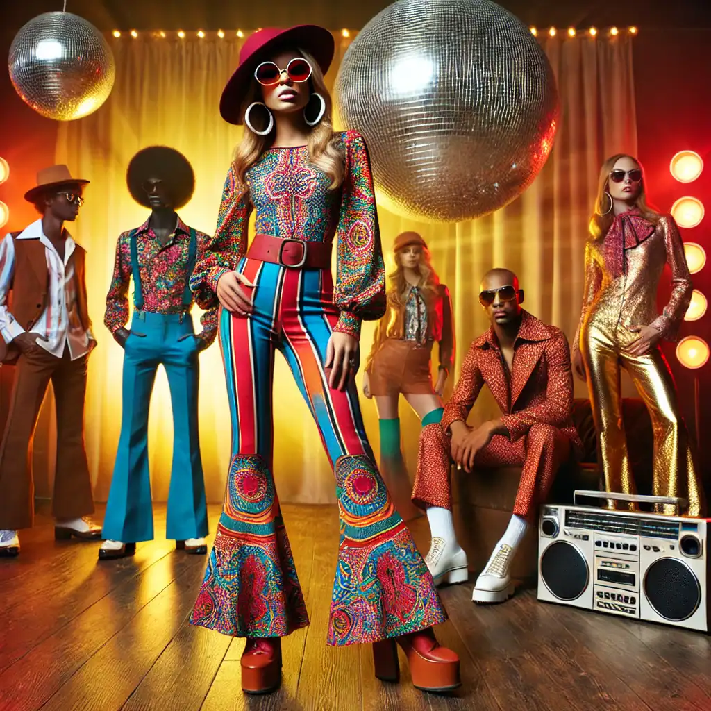 Barevné módní šaty a doplňky na diskotéce s parukami a slunečními brýlemi, retro taneční styl, módní oslava, fashion show, módní trendy, stylové outfity, taneční party, disco oblečení, extravagantní móda.