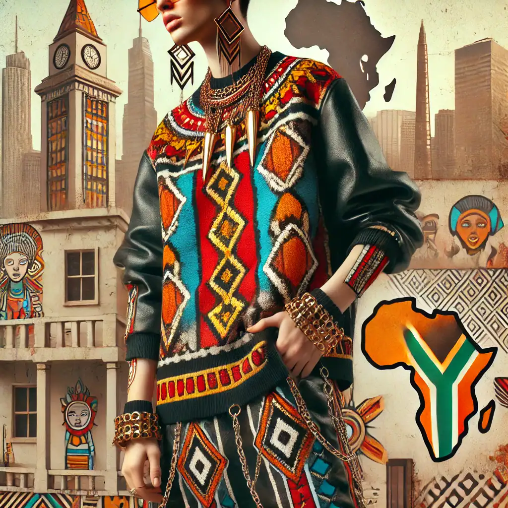 Barevné etnické korálkové šaty s tradičním africkým motivem, módní doplňky s kovovými prvky, urban graffiti a africké motivy na pozadí, moderní módní styl s africkými inspiracemi, Bead Culture, originální africký styl a šperky.