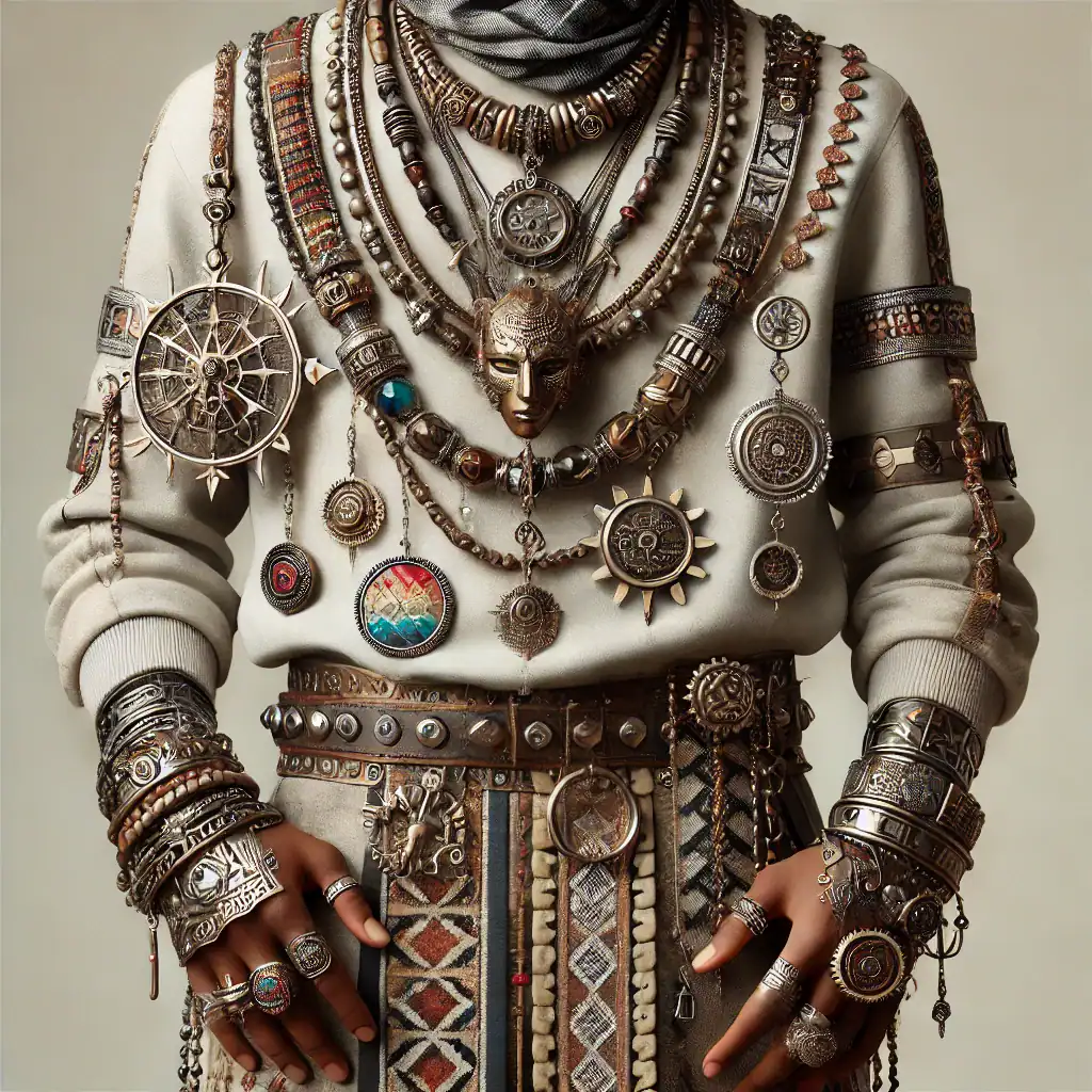 Stylový jedinec reprezentující Steampunk Tribal Afrofuturismus subkulturu, nosící šperky kombinující ozubená kola, africké motivy a holografické detaily.