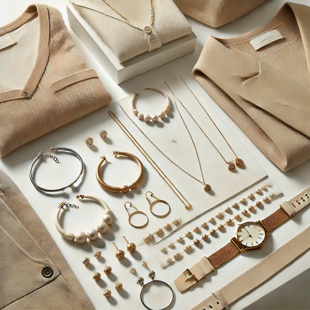 Kovové šperky dámské šperky módní doplňky elegantní šperky perlové náhrdelníky a náramky béžové oblečení na šperky na výstavu Bead Culture.