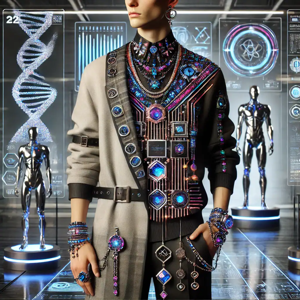 Stylový jedinec reprezentující Transhumanism subkulturu s futuristickými šperky a moderním oblečením, zdůrazňující propojení člověka s technologií.