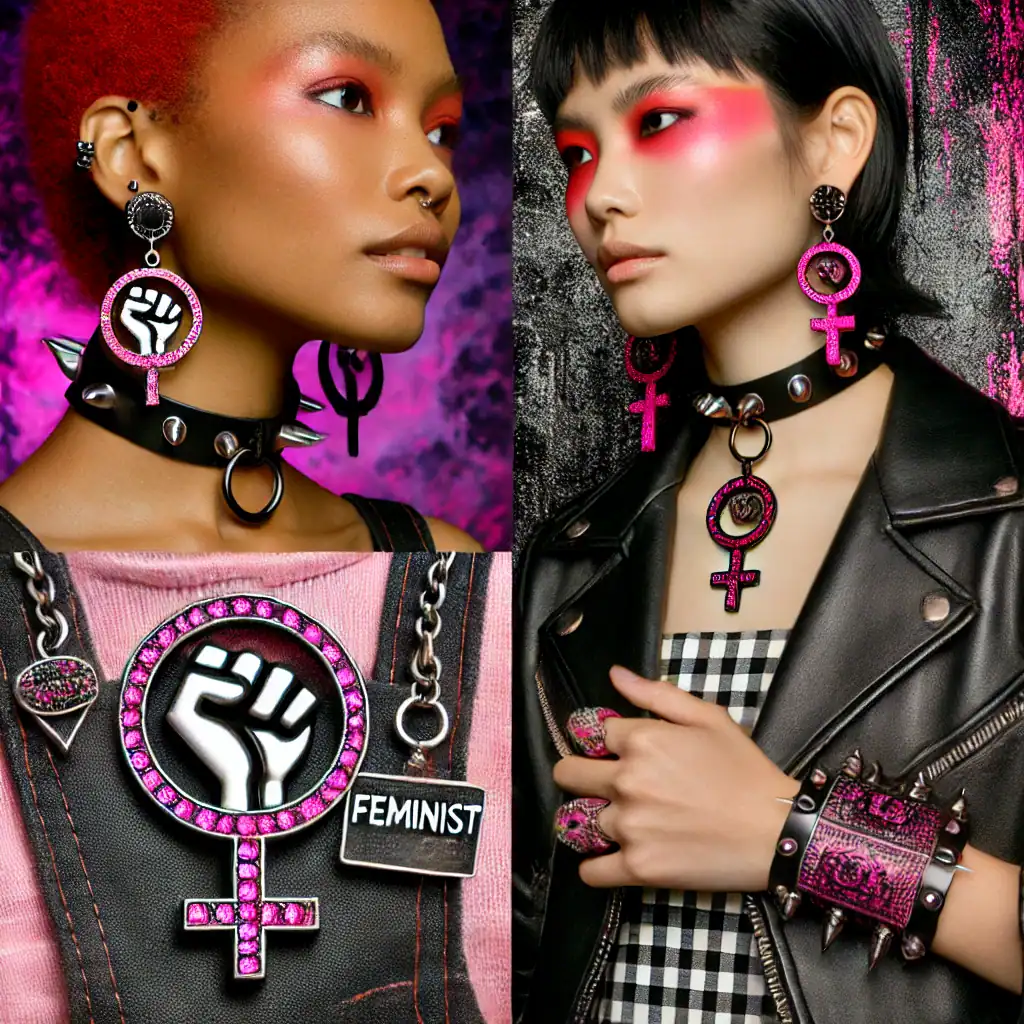 Pouta náušnice s feminismus symbolem, punk módní doplňky, výrazné dámské šperky s růžovými kameny, módní bižuterie pro rebelky.