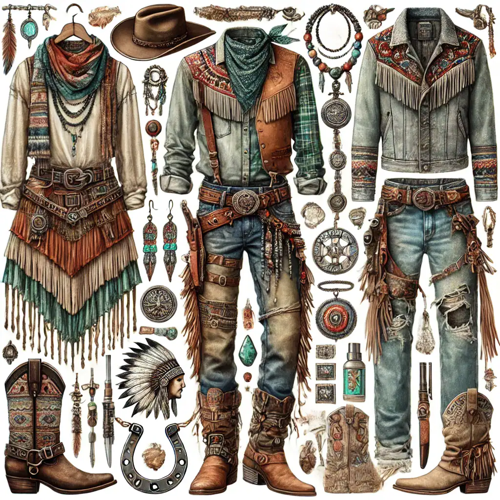 Barevné indiánské stylové oblečení a doplňky, včetně kožených bot, ozdobných šperků, perel a kovových ozdob. Ideální pro fanoušky indiánské kultury a bohatých etno vzorů.