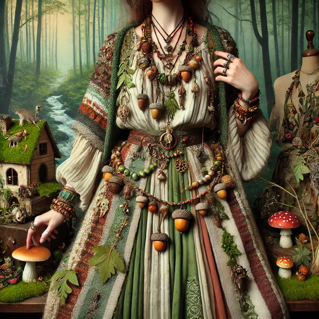 Postava oblečená v bohatě zdobeném oděvu inspirovaném přírodou, s šperky a doplňky ve stylu fairycore, zahrnujícími žaludy, listy a lesní motivy.