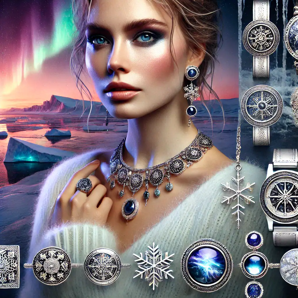Žena s elegantními šperky inspirovanými polárními krajinami, obsahující motivy sněhových vloček, polární záře a ledové modře.