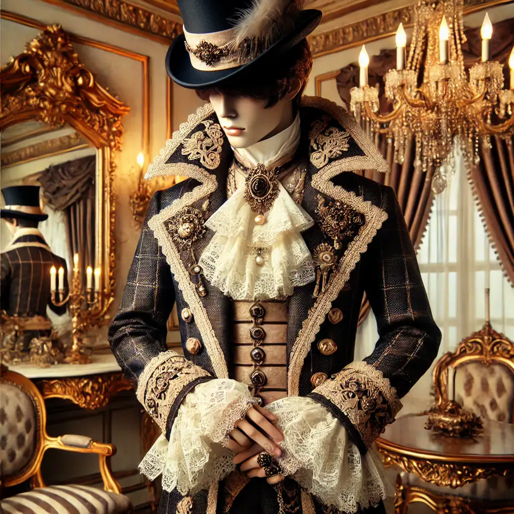 Středověký šlechtický kostým s krajkovými detailmi a ozdobnými knoflíky, elegantní a historický styl, luxusní interiérové prostředí s křišťálovým lustrem a zrcadlem, jemné a bohaté zdobení, ideální pro vintage nebo historické tematické akce.
