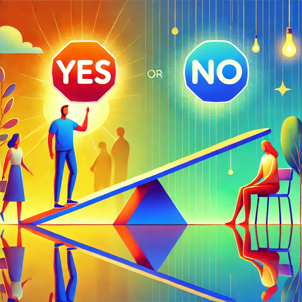 YES nebo NO, rozhodovací otázka, ilustrace s osobami a logy, kreativní a jasná vizuální komunikace, téma životních voleb, rozměr a barvy pro zvýšení atraktivity.