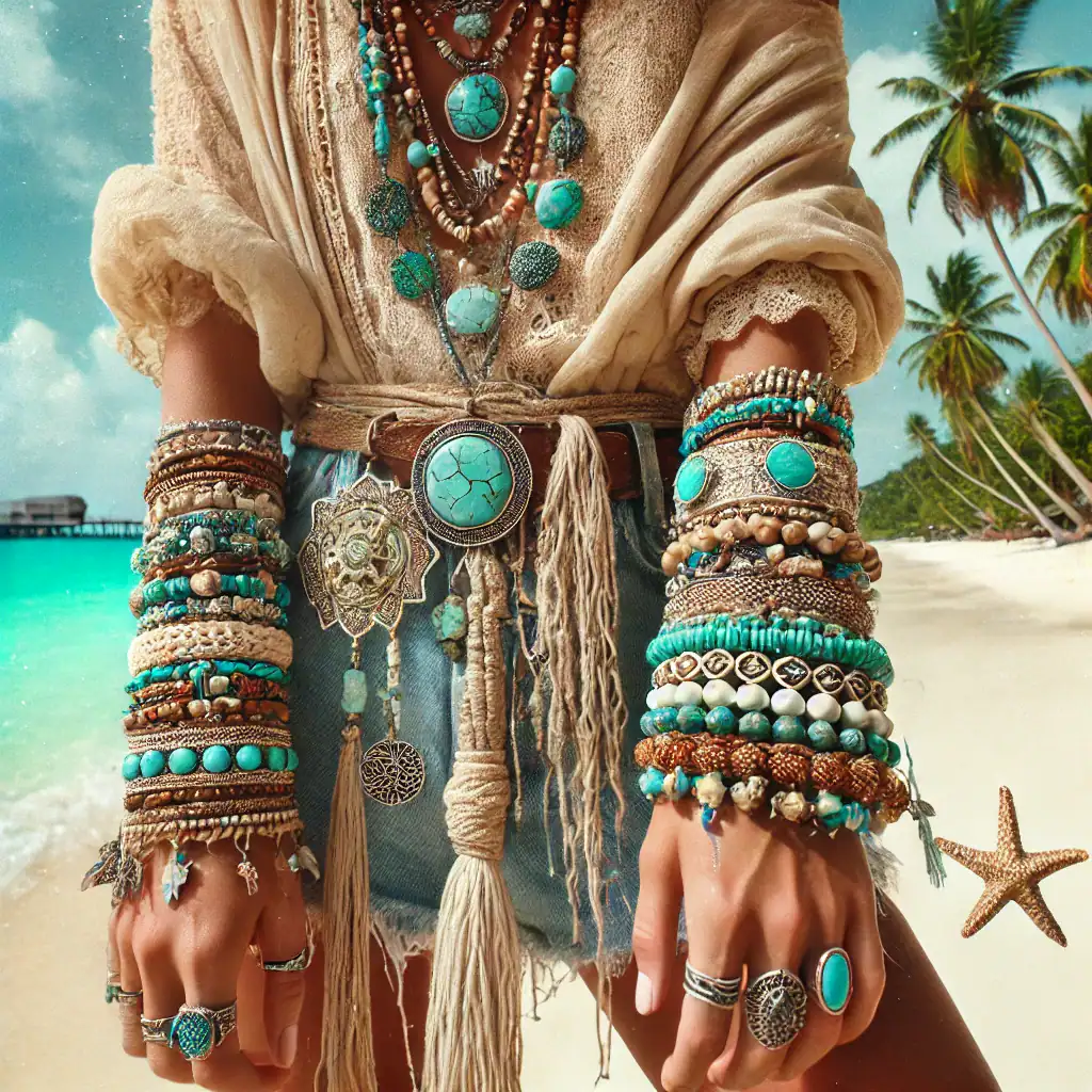 Barevné náhrdelníky a náramky z korálků a kamení na pláži, styl boho s vlnami a palmami, módní šperky pro letní a plážový look, originální design šperků z přírodních materiálů, dárky a doplňky inspirované tropickou atmosférou.