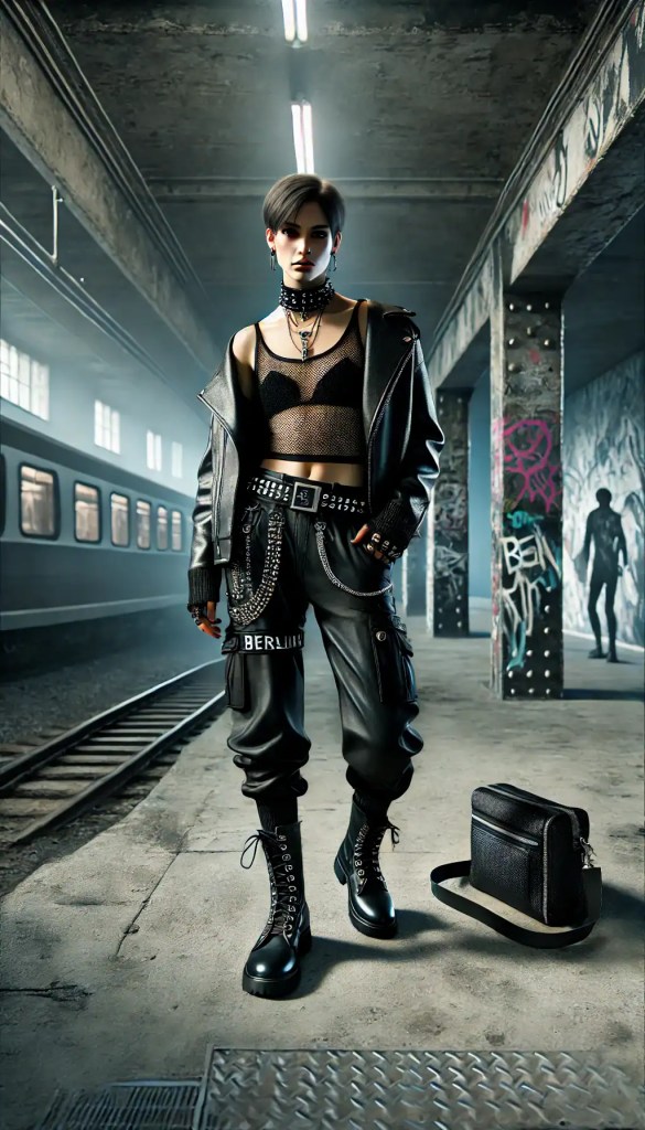 Moderna dívka v černé punkové a goth módě na městském nádraží s graffiti na pilířích, oděná do kožené bundy, sportovních kalhot a kožešinových bot, s černým psacím taškou, stylový a městský vzhled.