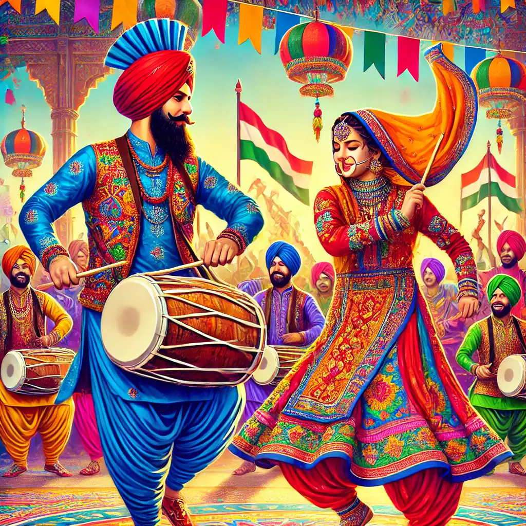 Pestrobarevný indický festivalové taneční a hudební scéna s tradičními kroji a dekoracemi, oslava kultury a tradic, barevné lampiony a vlajky, slavný indický svátek a kulturní události, Bead Culture.