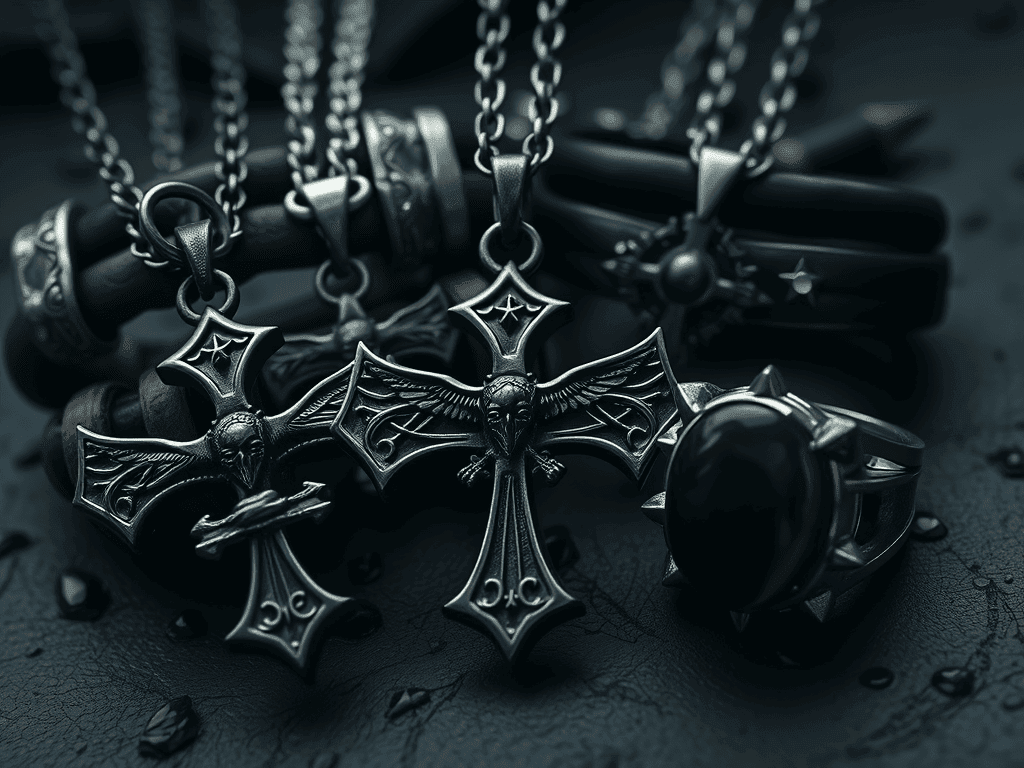 Pouta, náhrdelníky a prsteny z kovu s gotickým a alternativním designem, ideální pro milovníky unikátního šperku a osobního stylu s temným nádechem.