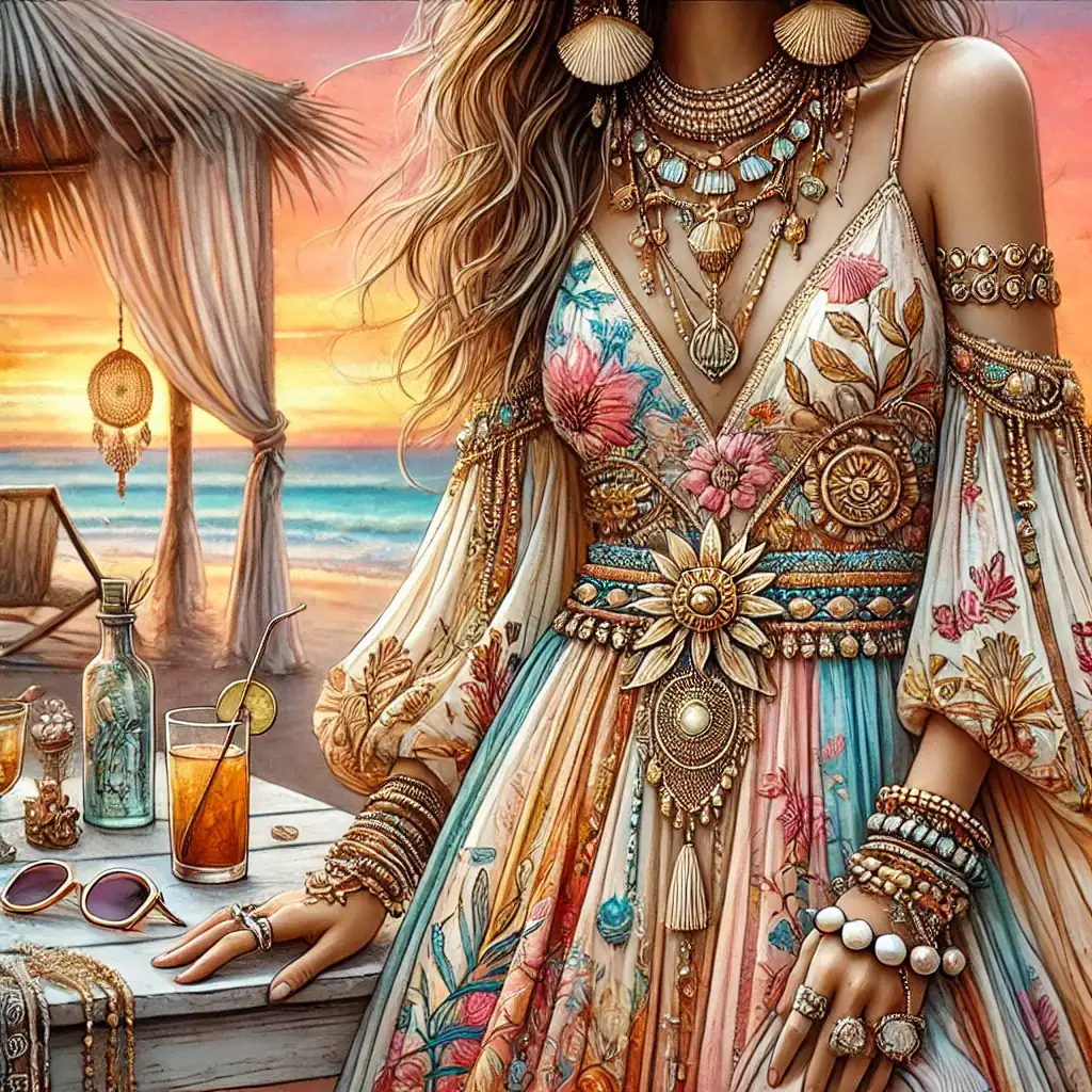 Nádherná boho šaty s detailními květinovými výšivkami a bohatým šperkovým doplňkem, ideální na pláž nebo letní párty, klíčové slovo vintage náhrdelníky a šperky, lehké a barevné, boho styl, modní doplňky, letní móda, originální šaty, elegantní plážové oblečení.