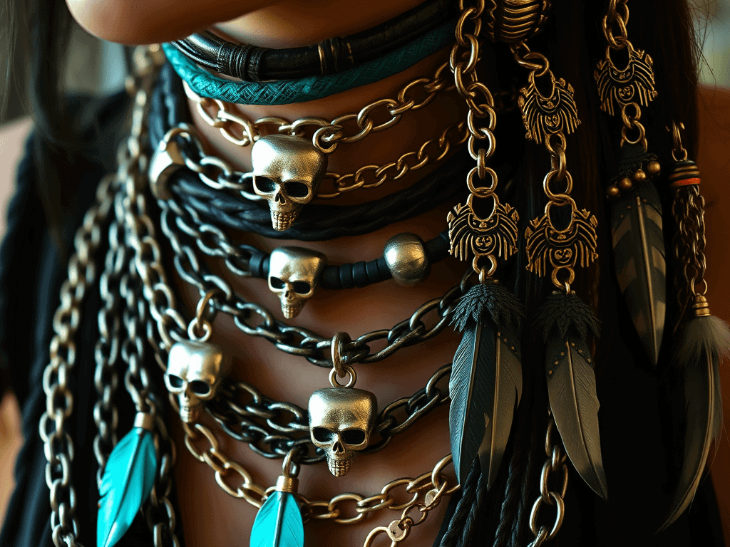 Barevné náhrdelníky s kovovými lebkami, peříčky a korálky, etnický styl šperků, módní doplňky pro ženy, originální šperky z Bead Culture, umělecké náhrdelníky s tmavým designem, bohémský módní šperk, stylové příslušenství s lebkami a peřím.