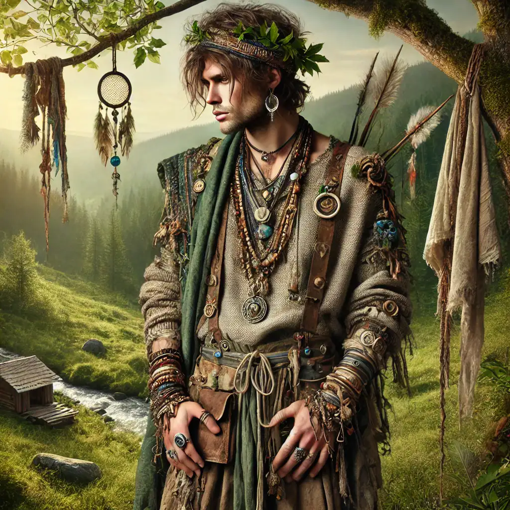 Starobylý styl šperky a oblečení, etnický oděv, přírodní dekorace, bohémský vzhled, originální doplňky, lesní prostředí, šperky z kovu a kůže, umělecký fashion look, mystický outdoor, přírodní inspirace, Bead Culture.