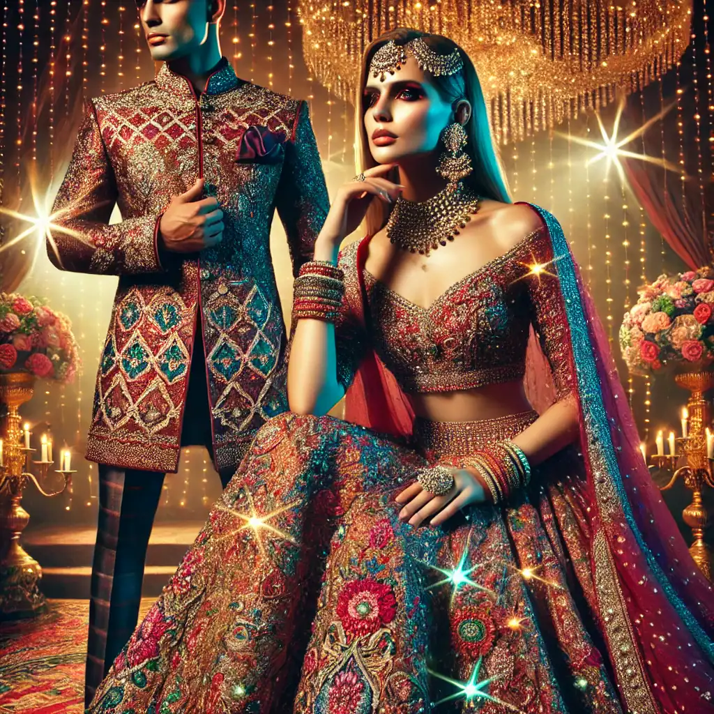 Barevné indické svatební šaty s bohatým zdobením a šperky, tradiční rituál a kultura, luxusní módní etnické oblečení pro slavnostní příležitosti, originální náušnice, náhrdelník a bangles, elegantní a výrazné, Bead Culture.