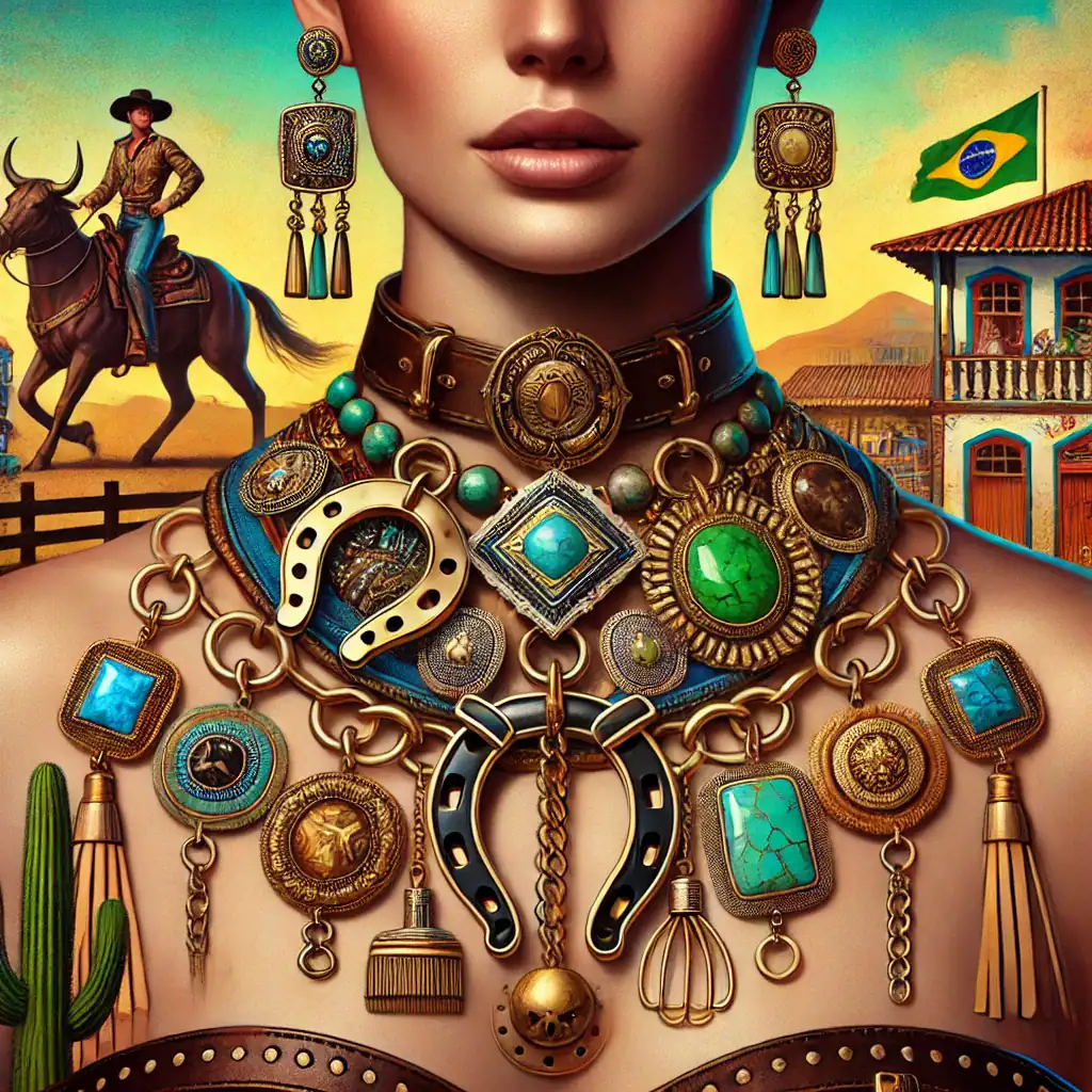 Bohémský styl šperků, brazilská kultura, ženský portrét, etnické šperky s velkými kameny, barevné ozdoby, brazilská vlajka na pozadí, letní argentinské pozadí, boho módní doplňky, brazilský folklór, ručně vyráběné šperky.